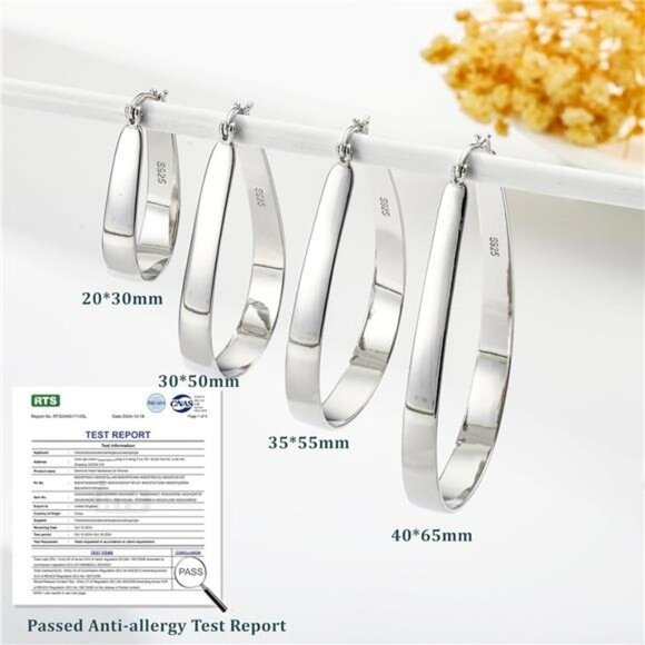 Sterling Silver Oval Hoop Earrings for Women Lightweight Hypoallergenic 40mm - Picture 5 of 6